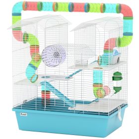 4-Tier Hamster Cage with Tubes, Exercise Wheel, Hut, Water Bottle, Food Dish, Ramps, 22.8" x 14.2" x 25.6", Light Blue
