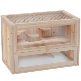 2-Tier Hamster Habitat Openable Top Front Door Shelf Ladder Stable Fir Wood Frame Nature Wood
