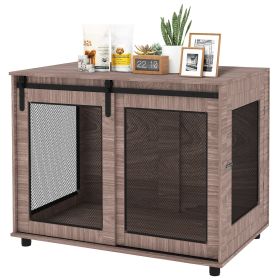 39" Dog Crate Furniture, Dog Kennel Furniture End Table with Sliding Barn Door for Large Dogs, Walnut Brown (Option: Brown-1120x750x175 mm)