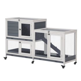 Wooden Rabbit Hutch Bunny Hutch Elevated Pet House Cage Small Animal Habitat with No Leak Tray Lockable Door Openable Top for Rabbits, Chickens, (Option: Grey and White-965x770x205 mm)