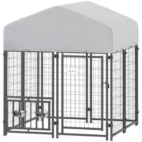 Welded Wire Outdoor Dog Kennel with 360° Rotating & 4 Levels Adjustable Bowls, Waterproof Cover, 3.9' x 3.9' x 4.5' (Option: Silver-1190x625x220 mm)