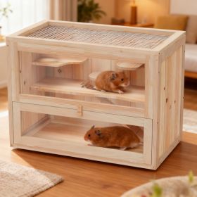 2-Level Hamster Cage Mice And Rat House,  With Openable Top, Front Door, Shelf And Ladder  For Hamsters, Mice And Other Small Rodents Ramps (Option: Nature Wood)