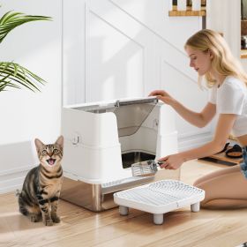 XL Stainless Steel Litter Box W  Flip Top, Scoop, Step, Top & Side Entry Enclosed Litter Box For Big Cats (Option: Light Gray)