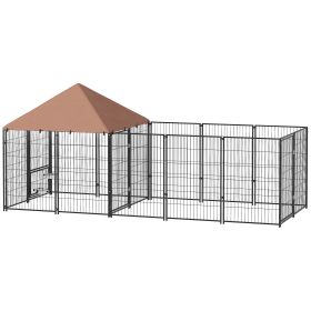 Large Outdoor Dog Kennel With Rotating & Adjustable Height Bowls, Waterproof & UV-Resistant Canopy, 11.3 X 4.7 X 5.1 (Color: Black)