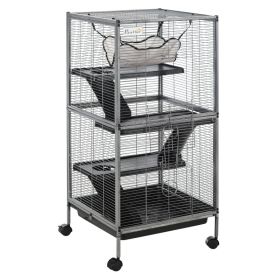 Metal Small Animal Cage Rolling Big Ferret Cage, Chinchilla Cage, Sugar Glider Cage, with Hammock & 4 Tiers, Removable Tray, Gray (Option: Gray)