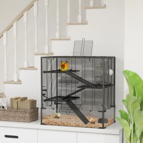 4 Tier Hamster Cage With Deep Tempered Glass Bottom, Running Wheel, Hut, Water Bottle, Food Dish (Option: Black wide)