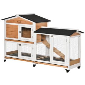 62" Wooden Mobile Rabbit Hutch with Wheels, Run Box, Slide-out Tray, Ramp, Yellow (Option: Natural Wood-940x780x240 mm)