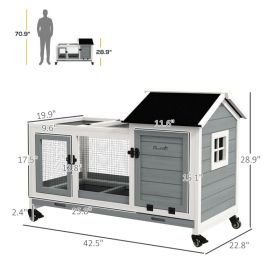 Wooden Rabbit Hutch with Wheels, Run, Slide-out Tray for Small Animals, Guinea Pig, Blue (Option: Gray and White)