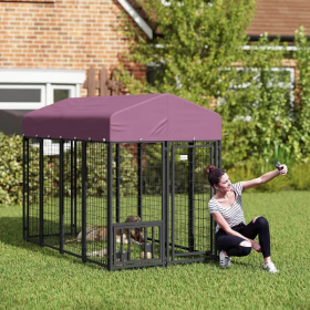 Welded Wire Outdoor Dog Kennel With 360 Rotating & 4 Levels Adjustable Bowls, Waterproof Cover (Option: Red big)