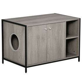 Large Wooden & Steel Cat Litter Box Enclosure, Kitten Washroom End Table, Indoor Hidden Cat House with Magnetic Doors & Storage Shelves, Gray (Option: Grey-895x598x165 mm)