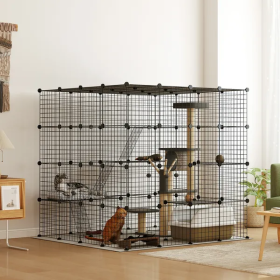 Detachable Metal Cat Cage With Platforms, Ramps, Accessories, For 1-3 Cats, 55 Inch, Black (Color: Black)