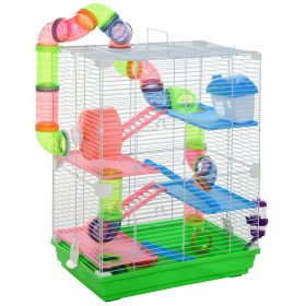 5 Tiers Hamster Cage Portable Animal Travel Carrier w/ Exercise Wheels Tube (Option: Green-321x162x495 mm)