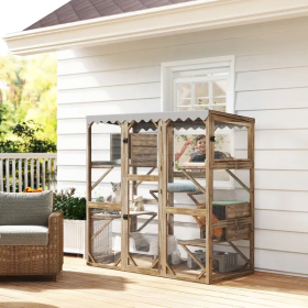Outdoor Cat Enclosure With Window Access, 5 Platforms And 2 Resting Boxes, Waterproof Roof For Multiple Cats (Color: Brown)