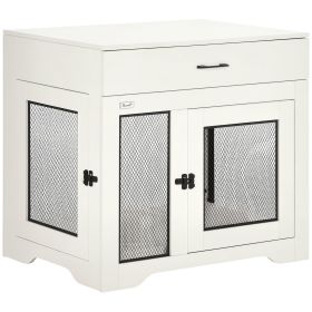 Dog Crate Furniture with Soft Water-Resistant Cushion, Dog Kennel End Table with Drawer, Puppy Crate for Small Dogs Indoor with 2 Doors, White (Option: White-930x830x215 mm)