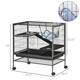 Small Animal Cage with Wheels, Pet Playpen for Rat, Syrian Hamster, Kitten, Ferrets, Chinchillas with Bottom Storage Shelf, Removable Tray, Ramp (Option: Black)