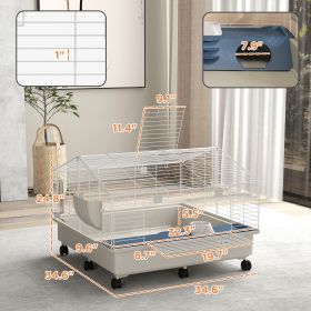 Rolling Small Animal Cage With Water Bottle, Hay Feeder, Food Dish For Rabbits, Hedgehogs, Guinea Pigs, 35 X 35x 25 (Color: White)