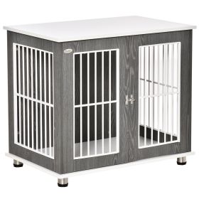 34'' 2-in-1 Wooden Dog Kennel, Modern Wire Animal Crate, Pet Cage with Lockable Door and Adjustable Foot Pads, for Small and Medium Dogs, Grey a (Option: Grey-940x755x135 mm)
