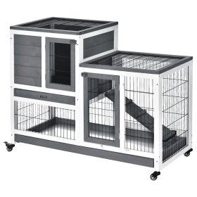 Wooden Rabbit Hutch Elevated Bunny Cage Indoor Small Animal Habitat with Enclosed Run with Wheels, Ramp, Removable Tray for Rabbits, Chickens, D (Option: Gray, White-1105x220x630 mm)