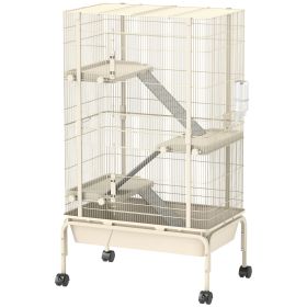 47" Small Animal Cage, 4 Levels Large Rolling Metal Ferret Cage w/ 5.9" Deep Tray, Ramps, Water Bottle, Food Dish, Beige (Option: Beige-775x530x290 mm)