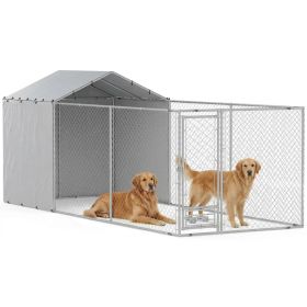 Galvanized Chain Link Large Outdoor Dog Kennel with Waterproof & UV-Resistant Cover, for M&L Dogs, 19.7' x 7.5' x 7.5' (Option: Silver)