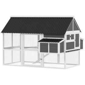 Wooden Chicken Coop with Run, 2 Nesting Boxes, 2 Roosting Bars, Ramp & Tray, Poultry Cage for 6-8 Chickens, Gray (Option: Gray-1170x785x182 mm)
