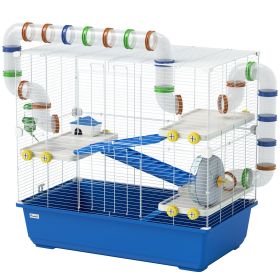 4 Tier Hamster Cage with Tunnel Tube System, Hut, Exercise Wheel, Water Bottle, Food Dish, for Syrian, Gerbil, Blue (Option: Blue-820x205x510 mm)