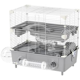 2-Tier Hamster Cage with Sand Bathroom, Running Wheel, Water Bottle, Tubes, Accessories, for Dwarf Hamster, Gray (Option: Gray-500x330x220 mm)