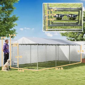 Dog Kennel Outdoor Dog Run Waterproof UV-Resist Cover Lockable Door Adjustable Bowls 20 x 7.5 x 6.5ft (Option: Silver)