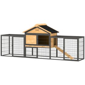 Wooden Rabbit Hutch Outdoor, 85" Large Bunny Cage with Steel Run, Removable Plastic Tray, Asphalt Roof, Ramp (Option: Natural Wood-960x770x220 mm)