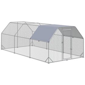 Large Chicken Coop Metal Chicken Run with Waterproof and Anti-UV Cover, Flat Shaped Walk in Fence Cage Hen House for Outdoor and Yard Farm Use, (Option: Silver-1950x350x190 mm)