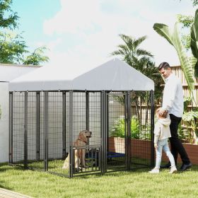 5.9 X 5.9 X 6 Outdoor Dog Kennel With Roof, Rotating & 4-Level Adjustable Bowls (Color: Grey)