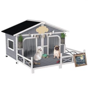 Dog House Outdoor, Wooden Dog Kennel Weatherproof with Porch, Openable Roof, Removable Bottom, Elevated Floor, Double Room for 2 Small to Medium (Option: Grey-915x145x850 mm)