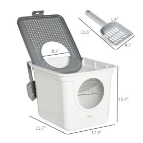 Covered Cat Litter Box, Easy Cleaning Kitty Litter Box with Front Entrance, Top Exit, Scoop, for Odor Control, White (Option: White Gray)