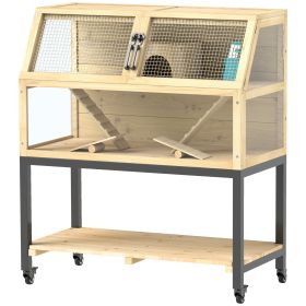 Hamster Cage on Wheels w/ Storage Shelf, Seesaws, Water Bottle, Hut & Ramps, for Dwarf, Gerbil, Syrian Hamster, Mouse (Option: Natural Wood-580x220x945 mm)