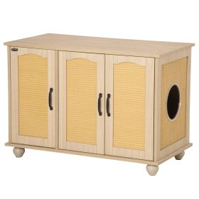 Cat Litter Box Enclosure Side Table, Cat Washroom Storage with Soft Cushion, PE Rattan, Adjustable Partition, Oak (Option: Oak-1095x770x140 mm)
