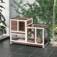 PawHut Wooden Rabbit Hutch Elevated Bunny Cage Indoor Small Animal Habitat With Enclosed Run With Wheels, Ramp, Removable Tray For Rabbits, Chick (Option: Brown and White)