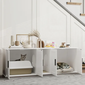 Cat Litter Box Enclosure With Double Room, Scratching Mat For 2 Cats (Color: White)