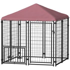 Welded Wire Outdoor Dog Kennel with 360° Rotating & 4 Levels Adjustable Bowls, Waterproof Cover, 4.6' x 4.6' x 5' (Option: Red-1300x715x190 mm)